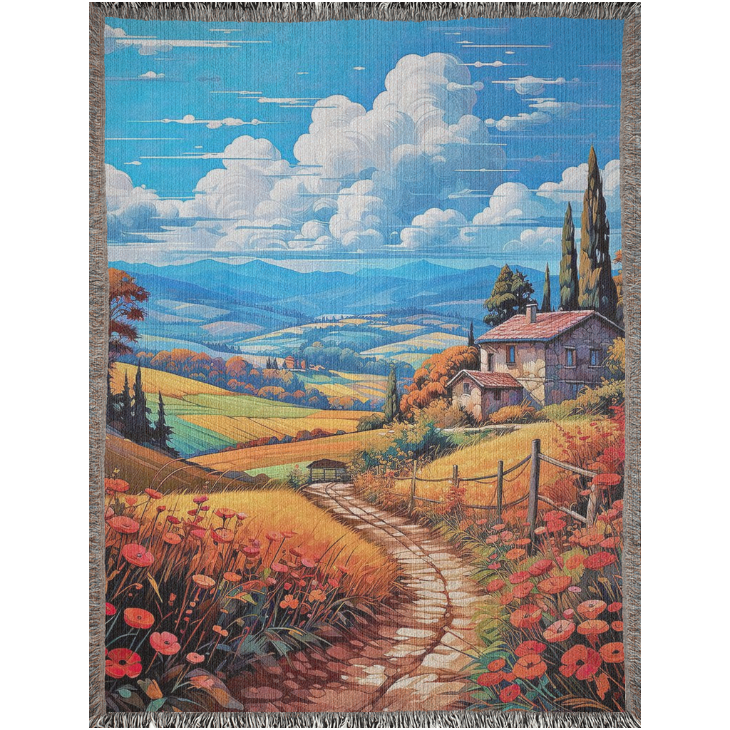 Poppies in Bloom Woven Blanket features an artistic landscape with a house and floral motifs, offering luxury and style for home decor.