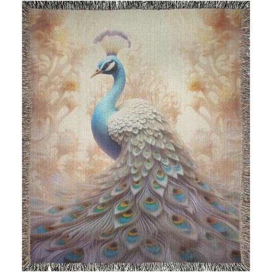 The Peacock Emperor woven blanket showcases a detailed peacock design, highlighting luxurious craftsmanship ideal for enhancing home décor.