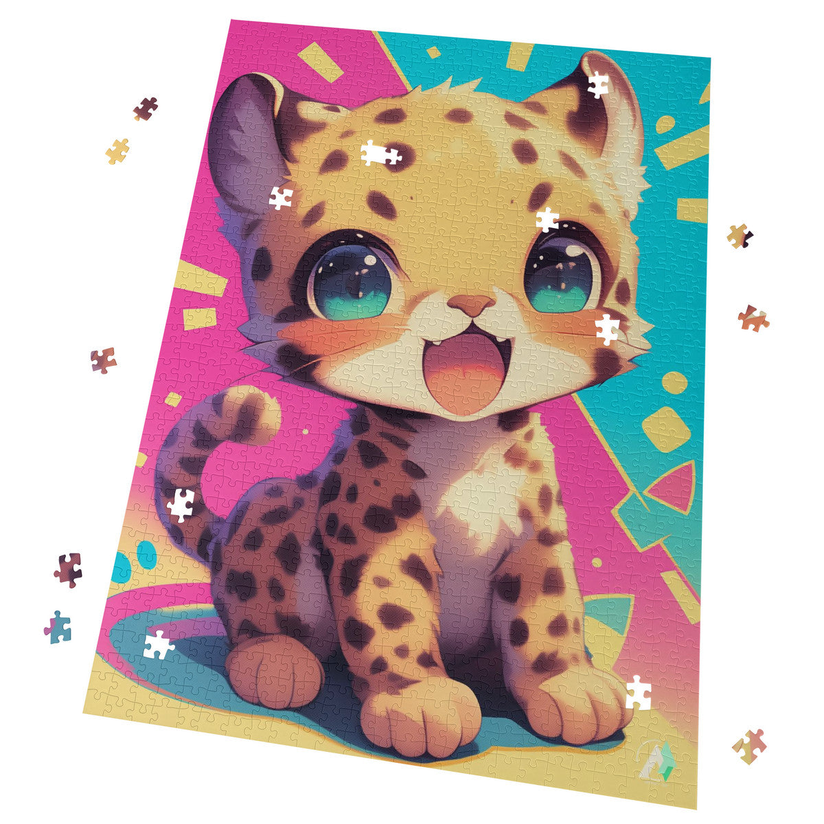 Chibi Safari Cheetah Puzzle features a cartoon cat-themed jigsaw puzzle, available in 500 or 1000 pieces, crafted from premium ivory cardboard.