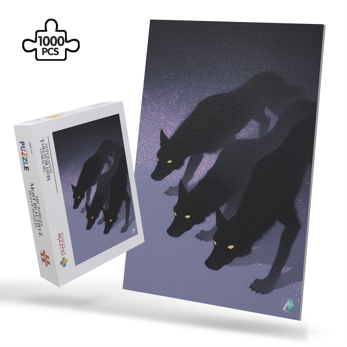 Hounds Unleashed II Puzzle features a detailed image of three dogs, available in 500 and 1000 pieces, showcasing premium designs.