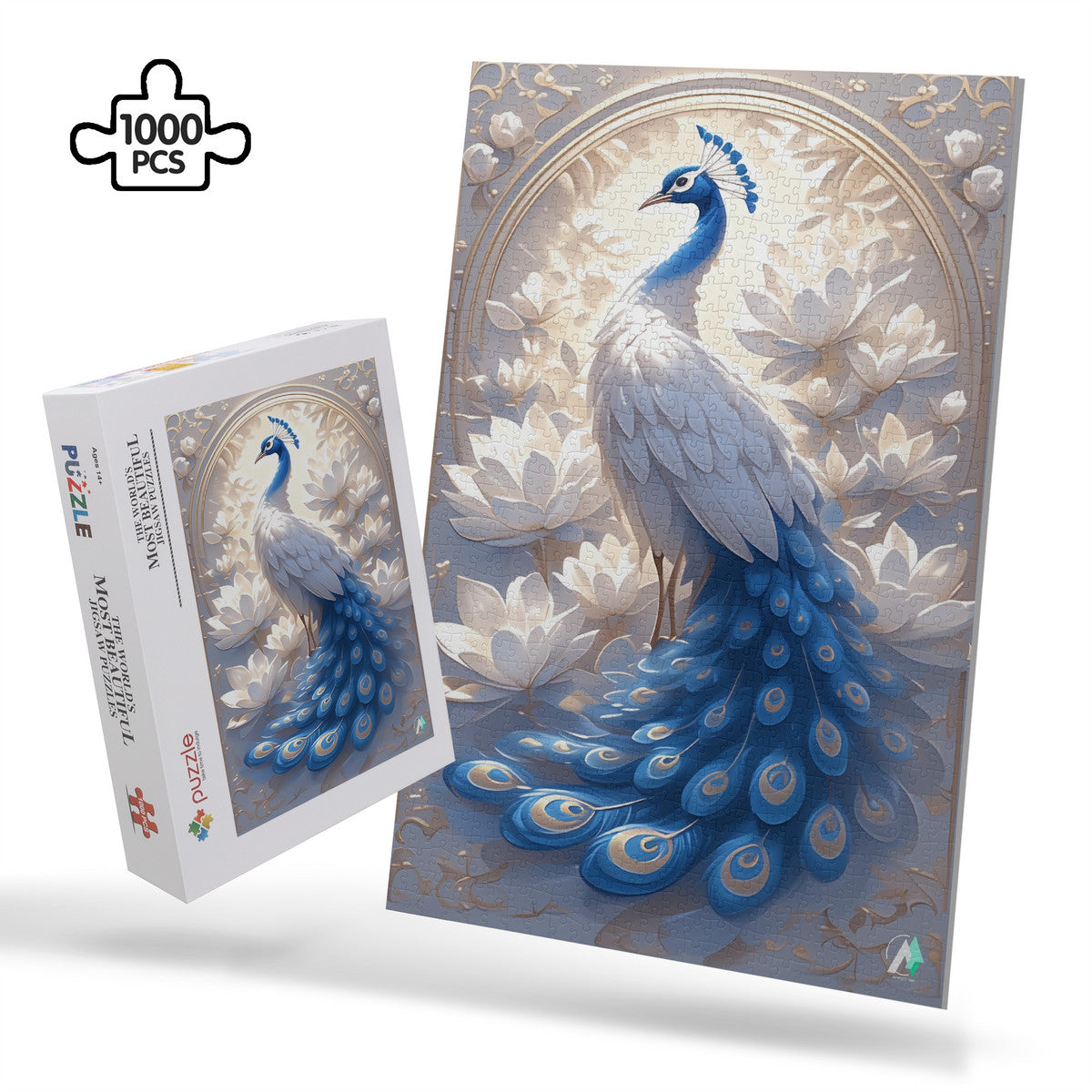 Peacock Nouveau II Puzzle featuring intricate peacock artwork by @shinjoku13, available in 500 and 1000 pieces, crafted from premium ivory cardboard.