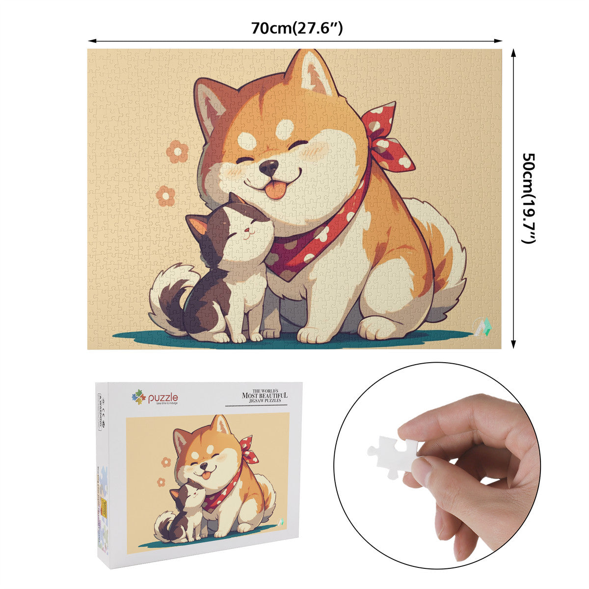 Chibi Shiba II Puzzle featuring a whimsical dog and cat illustration, available in 500 or 1000 pieces, crafted from premium ivory cardboard.