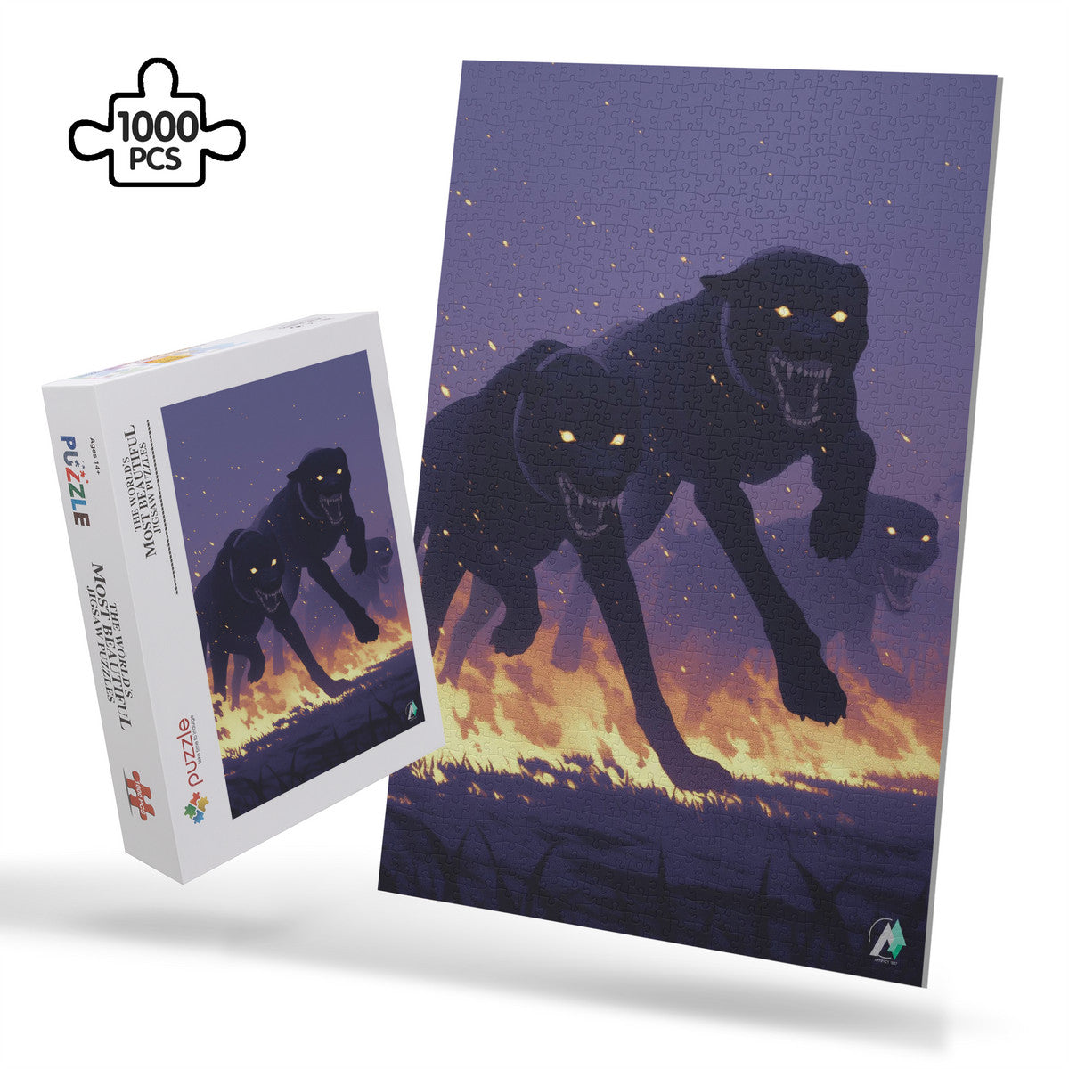 Hounds Unleashed III Puzzle featuring black dogs running, available in 500 and 1000 pieces, crafted from premium ivory cardboard with satin finish.