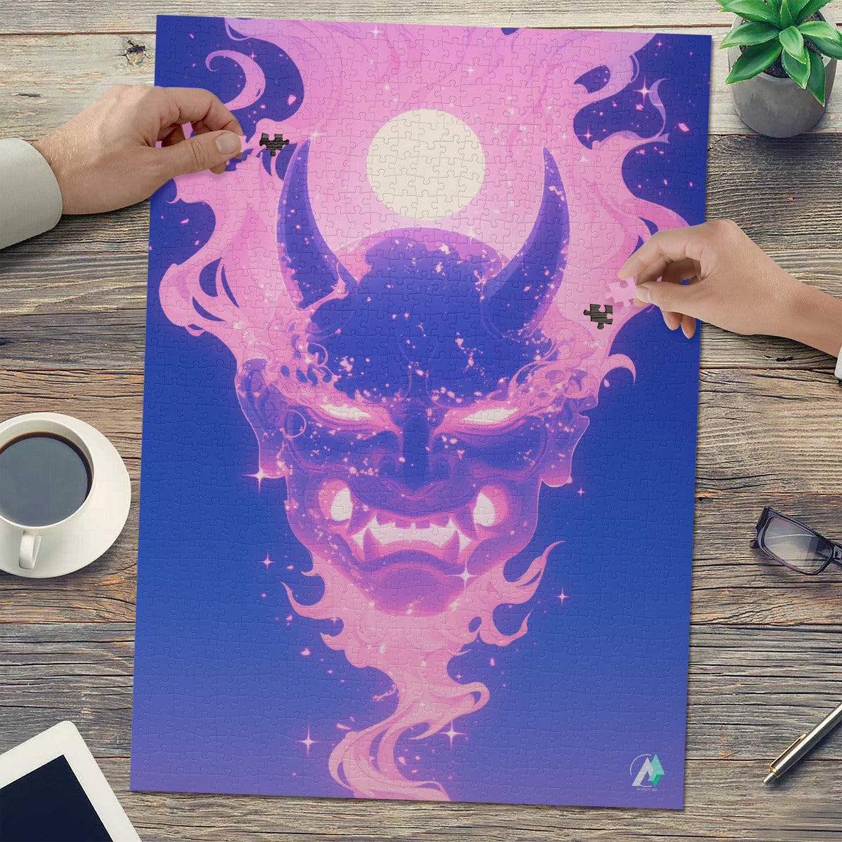 Oni Spirit Mask VIII Puzzle featuring a demon face, available in 500 and 1000 pieces, crafted from premium ivory cardboard with a satin finish.