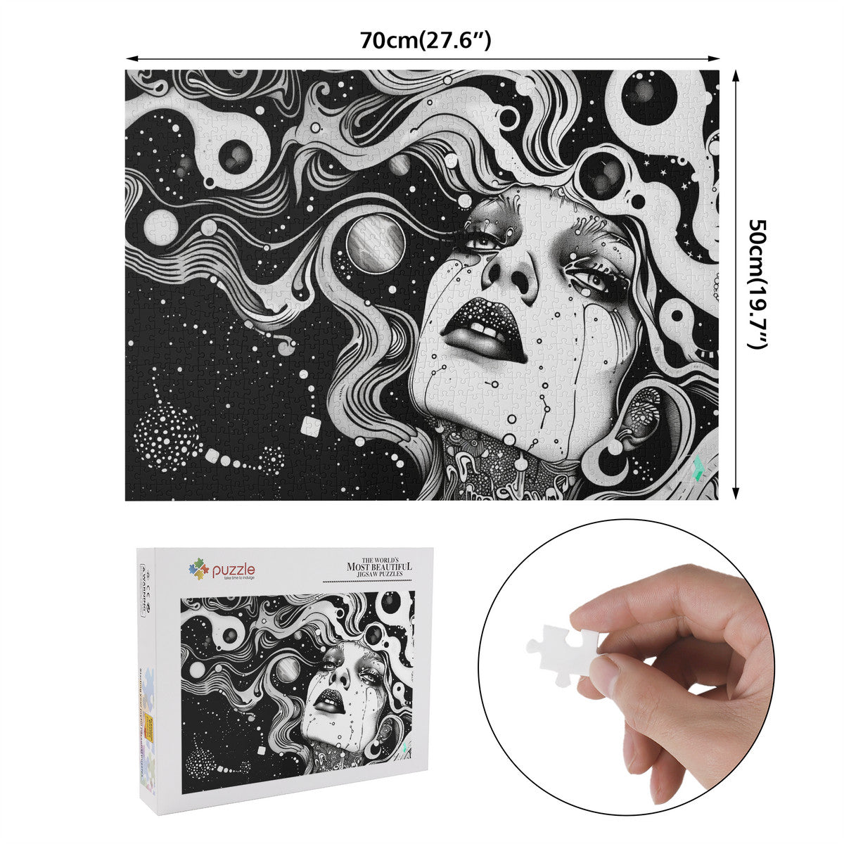 Discernment II Puzzle featuring a woman's face illustration by @shinjoku13, available in 500 and 1000 pieces, premium cardboard with satin finish.