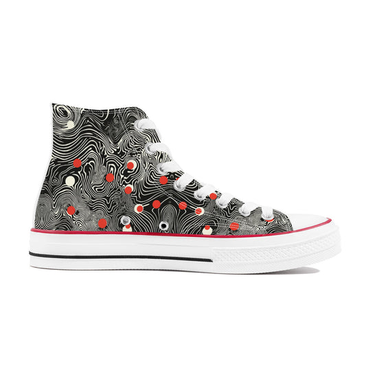 Waypoint Walker (Wht) 🔴⚪| 1337 High Tops: High-top canvas sneakers with contour-line pattern, red/ivory dots, white rubber sole, and white laces. Unisex, made-to-order exclusivity.