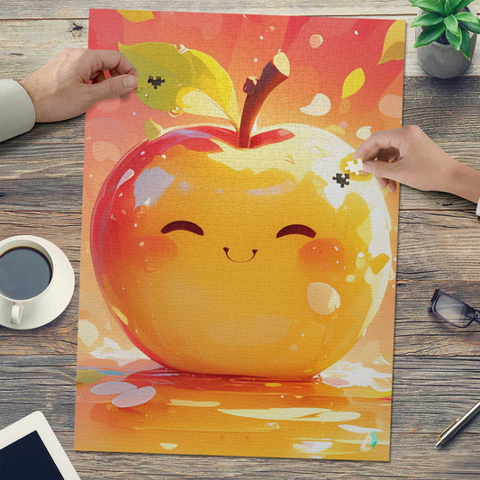 Chibi Apple Puzzle featuring a whimsical yellow apple design, available in 500 and 1000 pieces, made from premium ivory cardboard with satin finish.