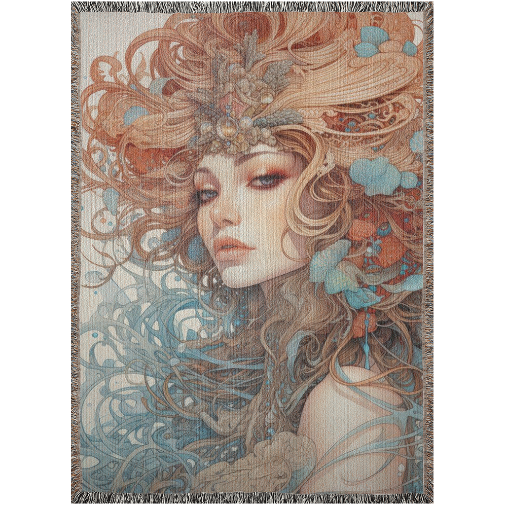 Beauty in Bloom III Woven Blanket features a woman with long hair adorned with flowers, capturing an artistic portrait perfect for home décor.