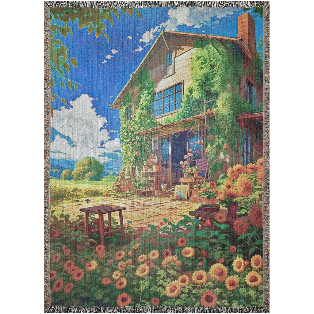 Bohemian Sunflower House woven blanket featuring a house and sunflowers, crafted from 100% cotton, ideal as a luxurious home decor piece.