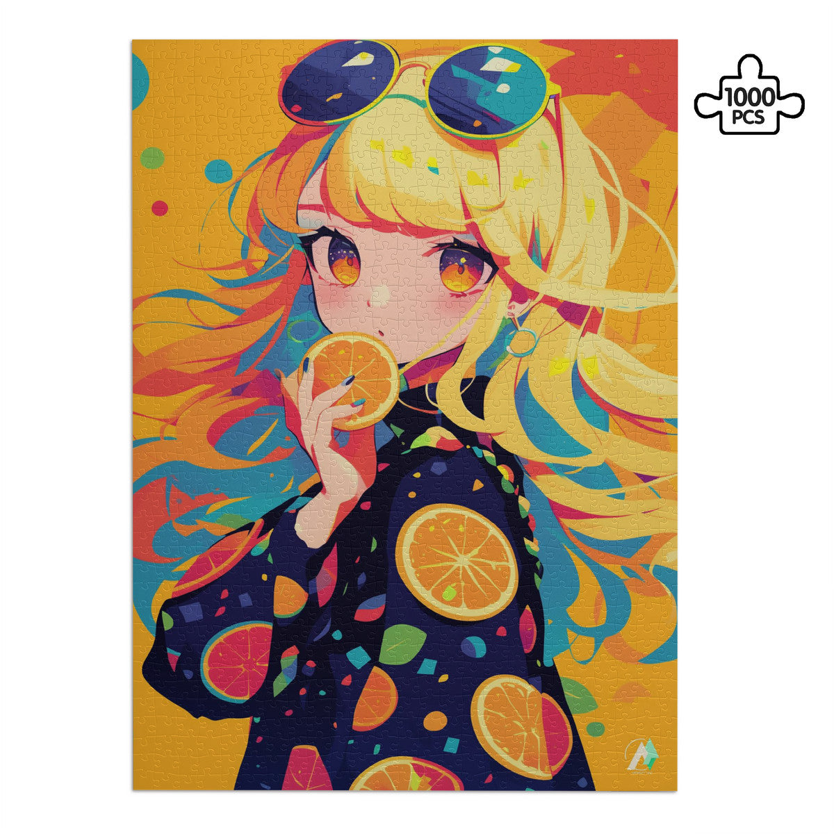 Chibi Orengella Puzzle featuring a cartoon girl holding orange slices, available in 500 and 1000 pieces, crafted from premium ivory cardboard.