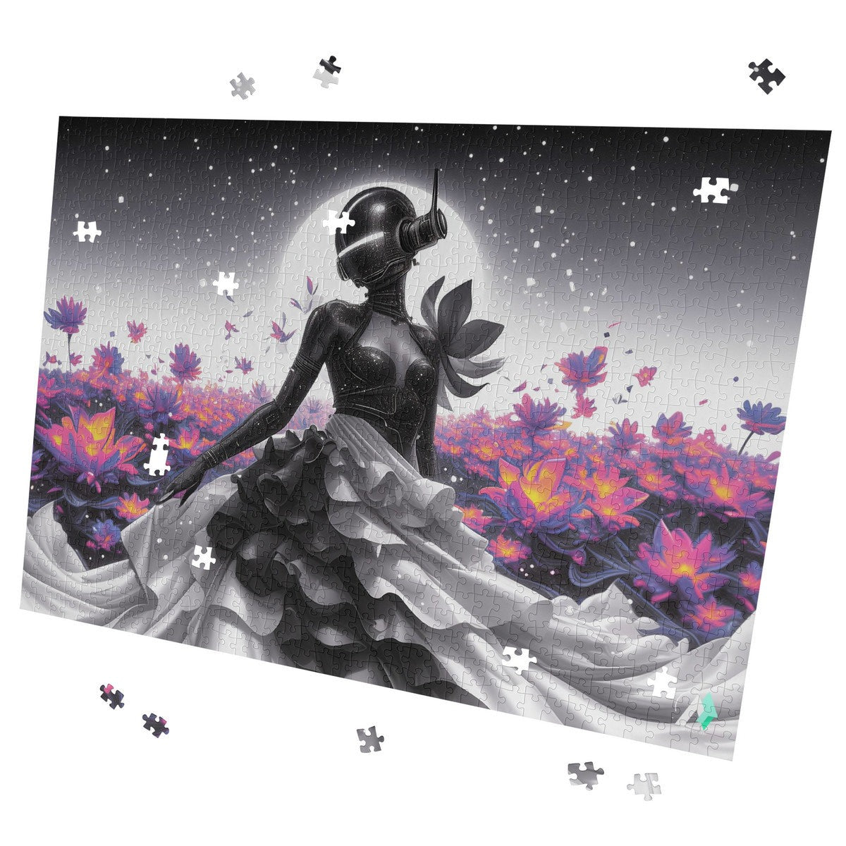 Amara-X IV Puzzle featuring an android fashion model in a dress, crafted from premium ivory cardboard with a satin finish.