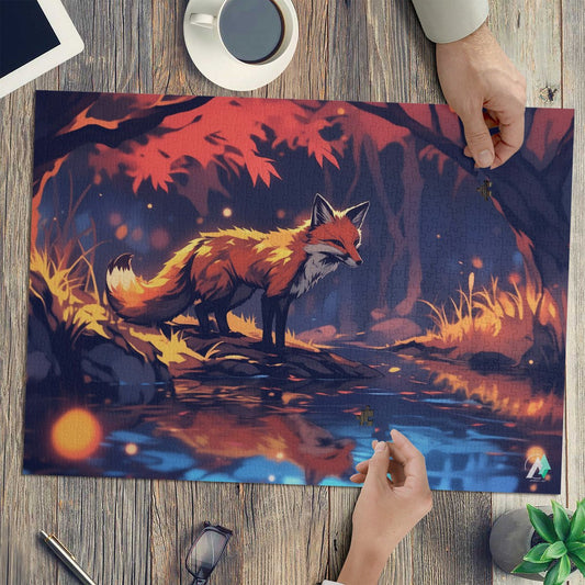 Fall'n for Foxes VIII Puzzle showing a hand placing a piece, featuring a fox artwork on a table, crafted from premium ivory cardboard.