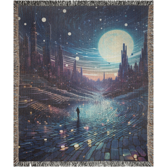 Future Urbanscape I woven blanket, depicting abstract art of a person on a road, blending luxury and style for home decor.
