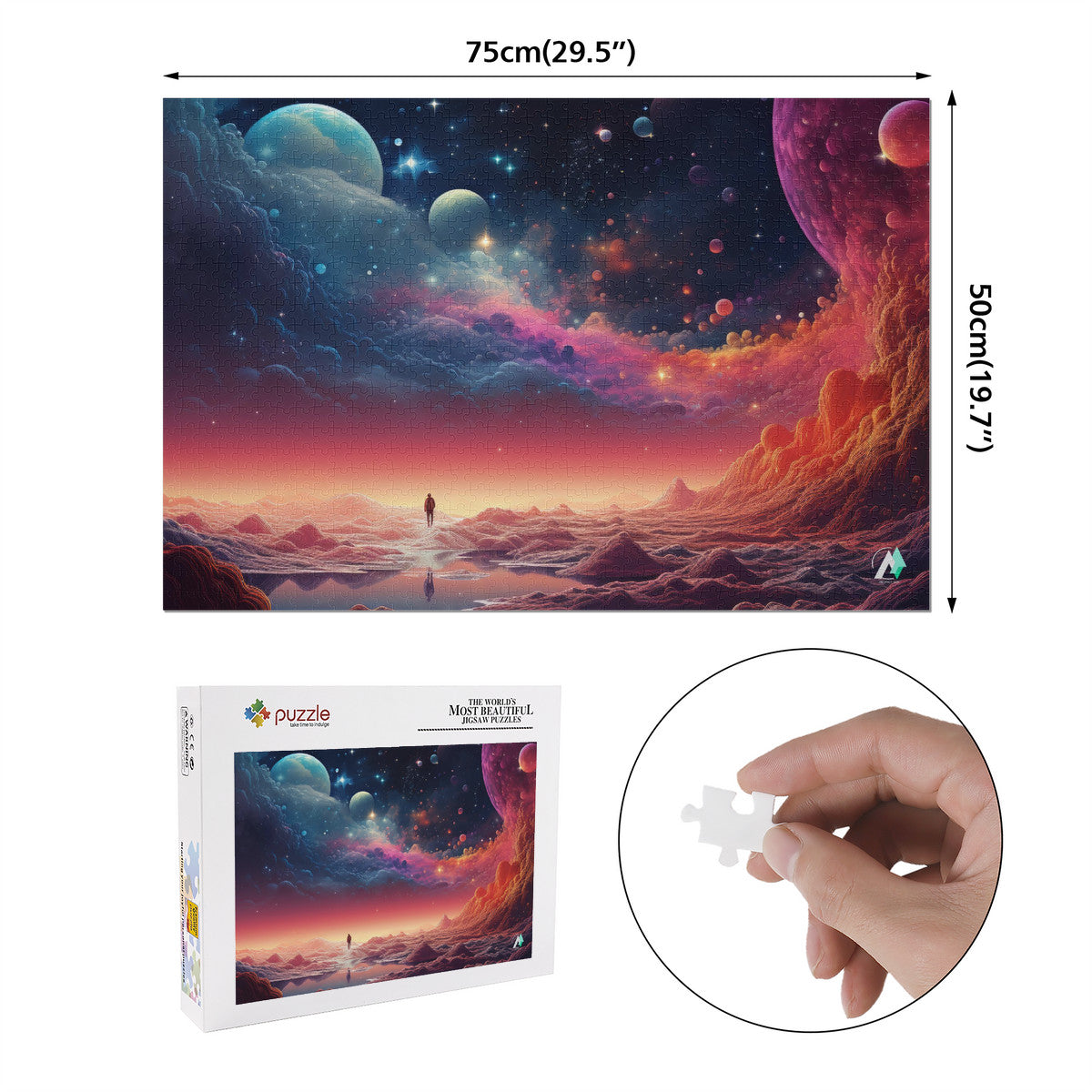 Nanoscape I Puzzle featuring a colorful planetary sci-fi design, available in 500 and 1000 pieces, showcasing artwork by @lyashko.ai.