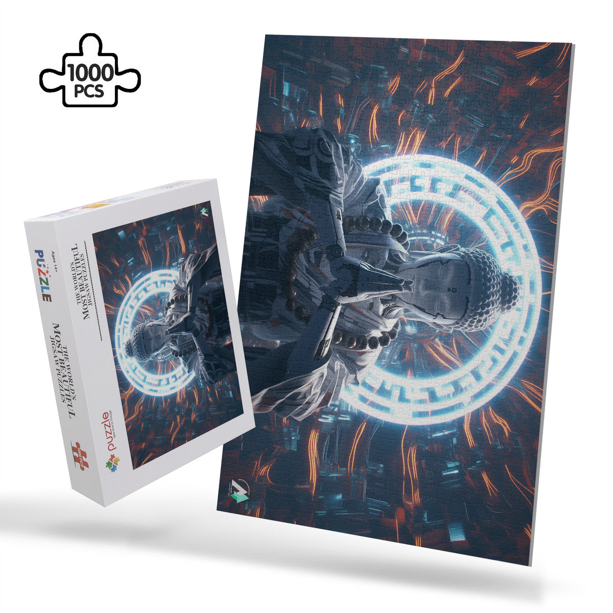 Cybernetic Monk II Puzzle featuring intricate artwork with a cyborg monk and glowing circle, available in 500 or 1000 pieces, crafted from premium ivory cardboard.