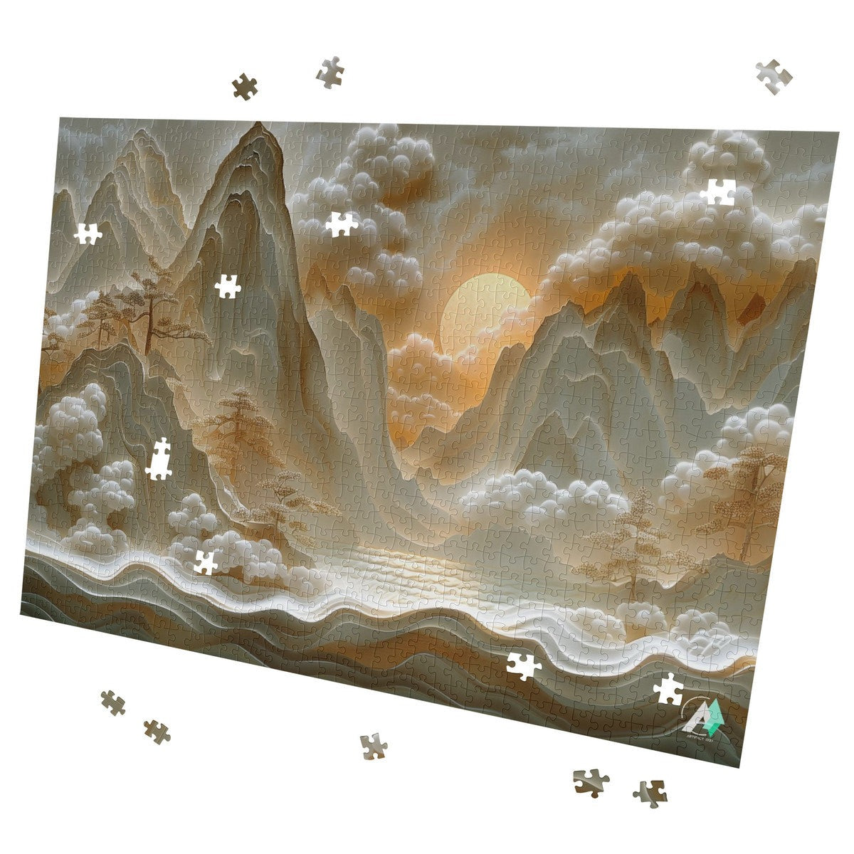 Entrance Eternal Puzzle featuring a mountain landscape with clouds and sun, available in 500 and 1000 pieces, made of premium ivory cardboard.