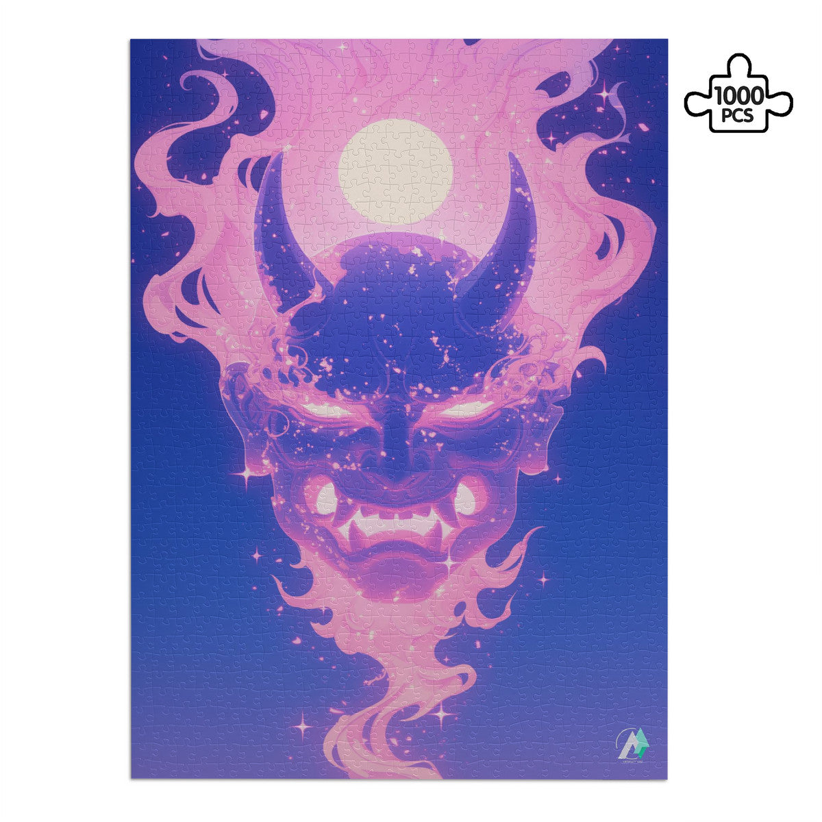 Oni Spirit Mask VIII Puzzle featuring a demon face, available in 500 and 1000 pieces, crafted from premium ivory cardboard with a satin finish.