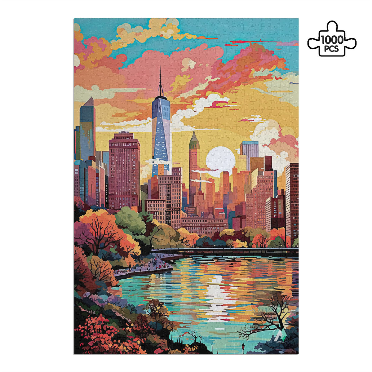 New York in Pastels I Puzzle features a cityscape design, showcasing skyscrapers and buildings in vibrant colors, available in 500 or 1000 pieces, made from premium ivory cardboard.