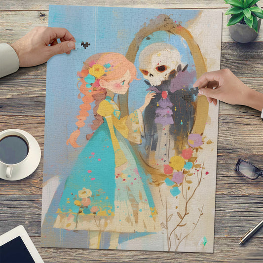 Little House of Horrors V Puzzle featuring a cartoon girl and skeleton, crafted on premium ivory cardboard. Available in 500 and 1000 pieces.