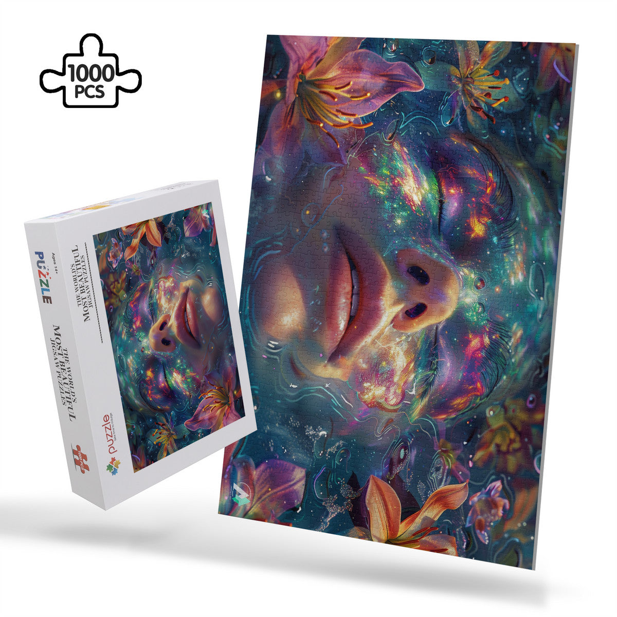 Emergence III Puzzle featuring a woman's face with flowers, available in 500 or 1000 pieces, crafted from premium ivory cardboard with a satin finish.