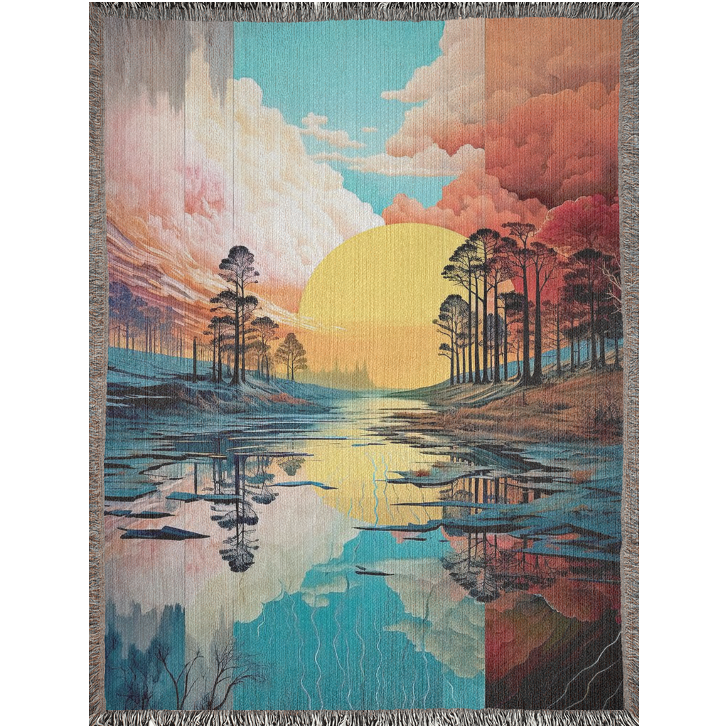 Woven blanket titled River of Tranquility featuring trees and a sunset, crafted from 100% cotton, ideal for home décor or gifting.