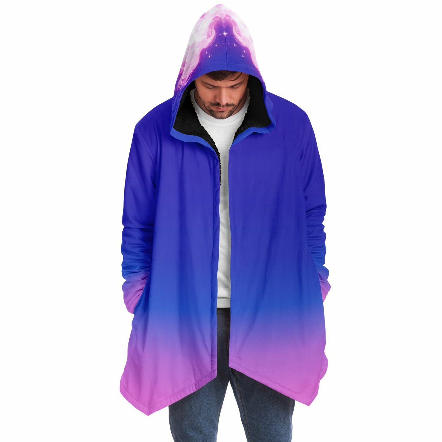 A man wearing the Ethereal Gem 1337 Cloak, showcasing its hooded design and luxurious fabric, perfect for warmth and style on chilly days.