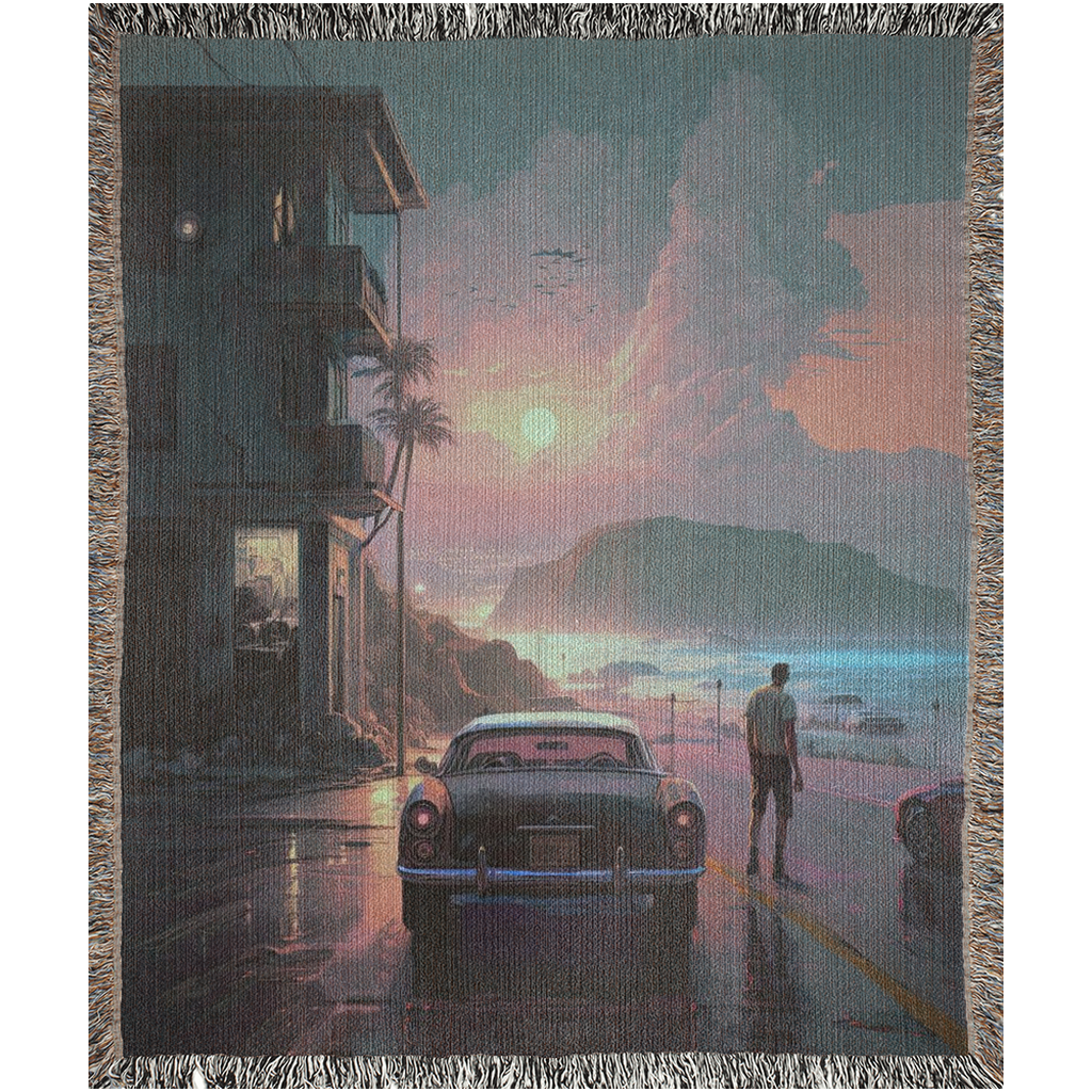 Man walking by a car under rain depicted on the Reflections in the Rain woven blanket from Artifact1337, showcasing luxury and intricate weaving.