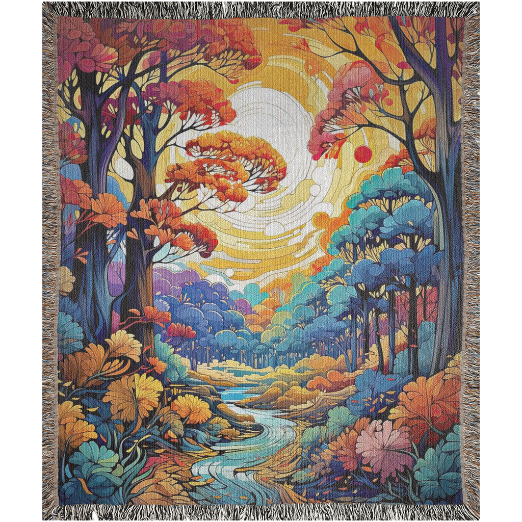 Flowing Serenity Woven Blanket featuring a colorful tapestry of trees and a river, highlighting its luxurious, intricate design.