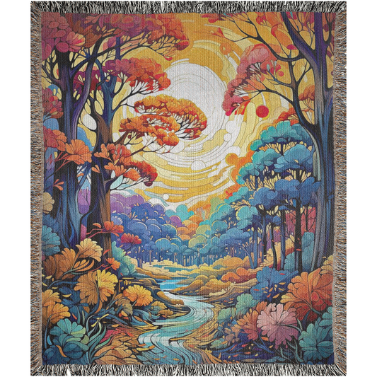 Flowing Serenity Woven Blanket featuring a colorful tapestry of trees and a river, highlighting its luxurious, intricate design.