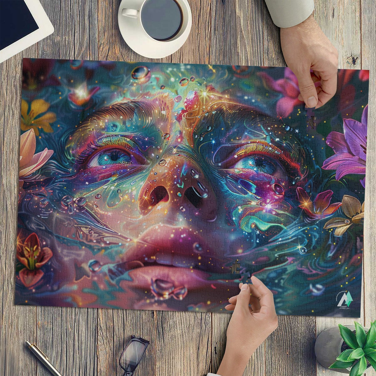 Emergence II Puzzle featuring a woman's face intertwined with flowers, available in 500 or 1000 pieces, crafted from premium ivory cardboard with a satin finish.