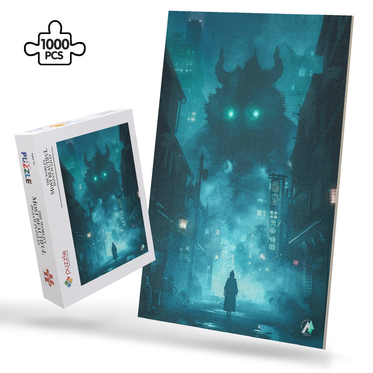 The Yokai Mystiques IV Puzzle features a city scene with a giant monster, available in 500 and 1000 pieces, crafted from premium ivory cardboard.