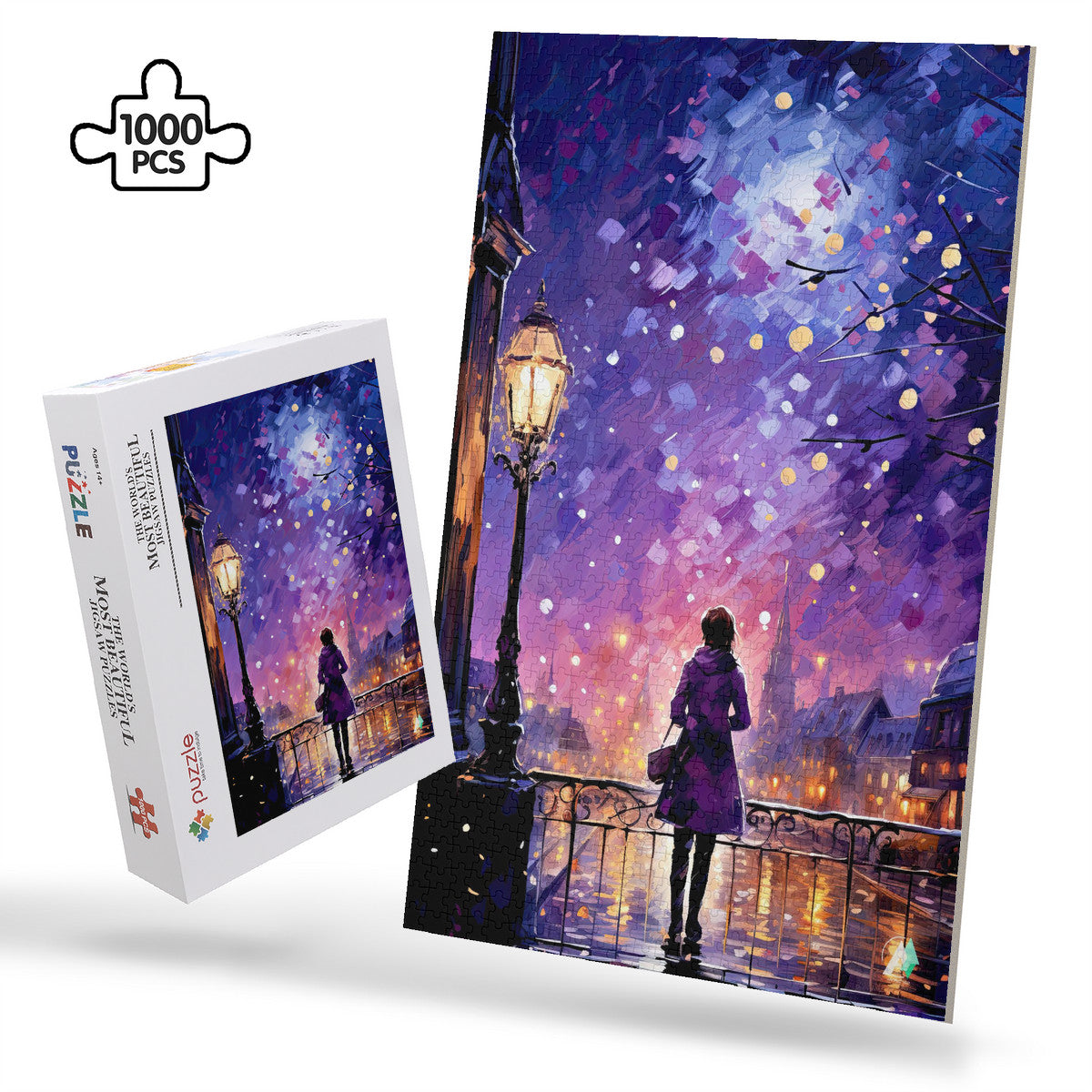 Paris in Lavender II puzzle featuring a woman on a bridge under a street lamp, available in 500 or 1000 pieces, premium cardboard finish.