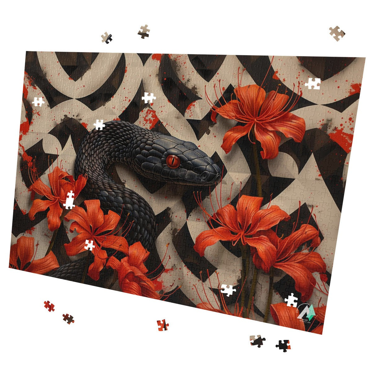 Hibiscus Serpent Puzzle featuring a snake entwined with flowers, available in 500 or 1000 pieces, crafted from premium ivory cardboard.