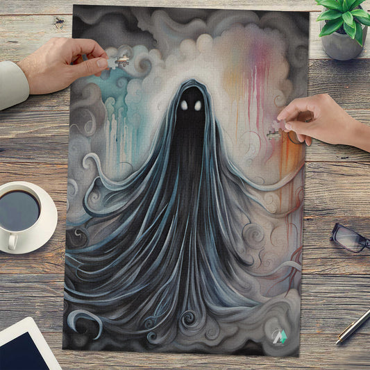 Silhouetted Soul I Puzzle: A ghost-themed jigsaw puzzle by artist @crazydancingguy, available in 500 and 1000 pieces, made from premium ivory cardboard.