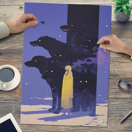 Hounds Unleashed VI Puzzle featuring artwork of a person with wolves, available in 500 or 1000 pieces, made from premium ivory cardboard.