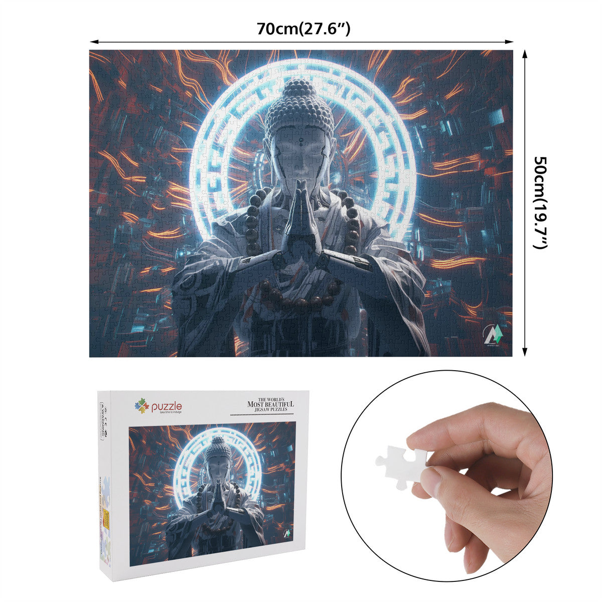 Cybernetic Monk II Puzzle featuring intricate artwork with a cyborg monk and glowing circle, available in 500 or 1000 pieces, crafted from premium ivory cardboard.