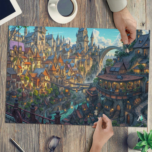Lumina Heights Puzzle featuring a fantasy cityscape design, available in 500 or 1000 pieces, crafted from premium ivory cardboard with satin finish.