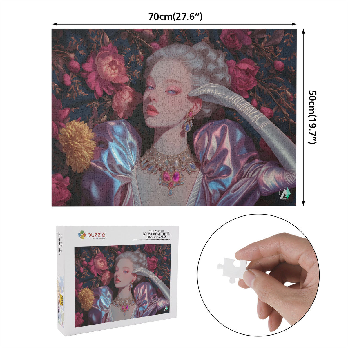 Let Them Eat Cake I Puzzle depicting a woman with jewelry, featuring intricate artwork by @shinjoku13, available in 500 and 1000-piece options.