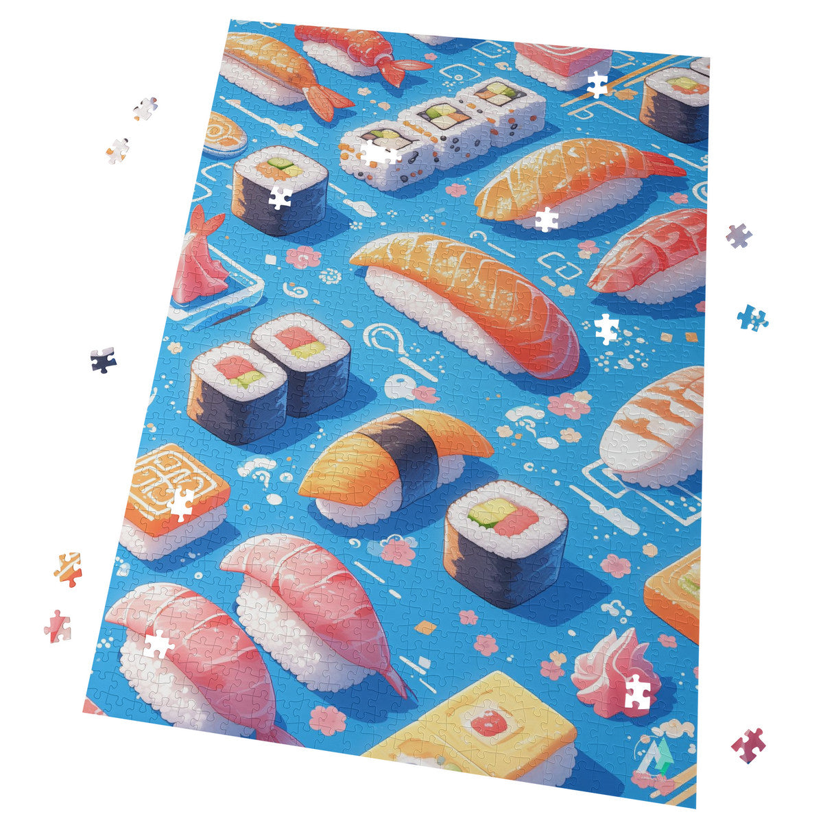 Sushi II Puzzle features intricate sushi-themed designs on premium ivory cardboard, available in 500 and 1000 pieces by artist @shinjoku13.