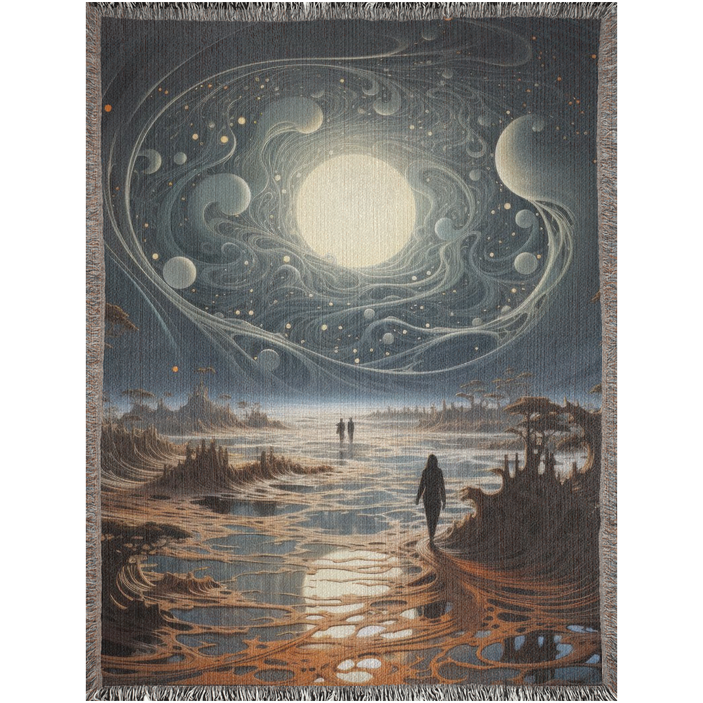 Celestial Portal I Woven Blanket featuring a painting of a person walking on a beach, crafted from 100% cotton for luxurious home decor.