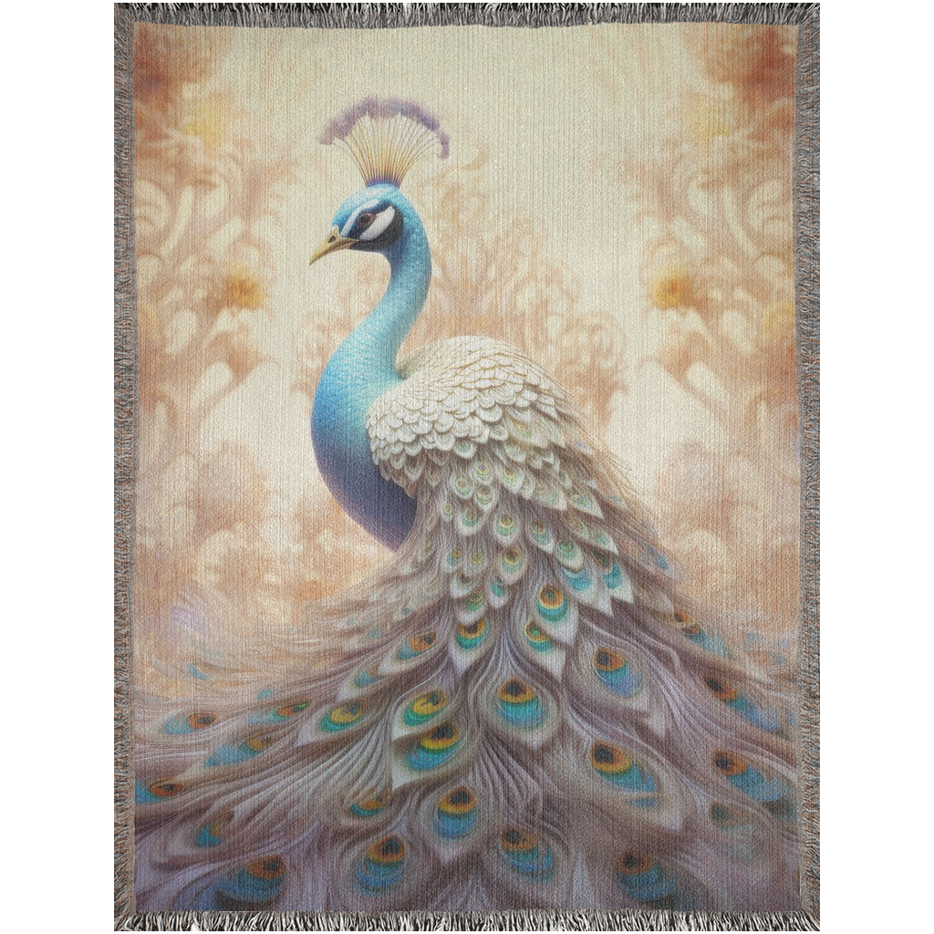 The Peacock Emperor woven blanket showcases a detailed peacock design, highlighting luxurious craftsmanship ideal for enhancing home décor.