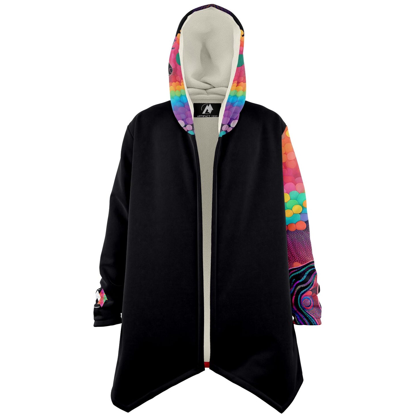 hooded cloak, hooded cloaks, cloak, fleece lining, cloak with fleece lining, natural fleece, black fleece, stylish cloak, cloak for male, cloak for female, unisex cloak, warm cloak, Rainbow Runner artwork, unicorn, rainbow, unicorn cloak, rainbow unicorn cloak