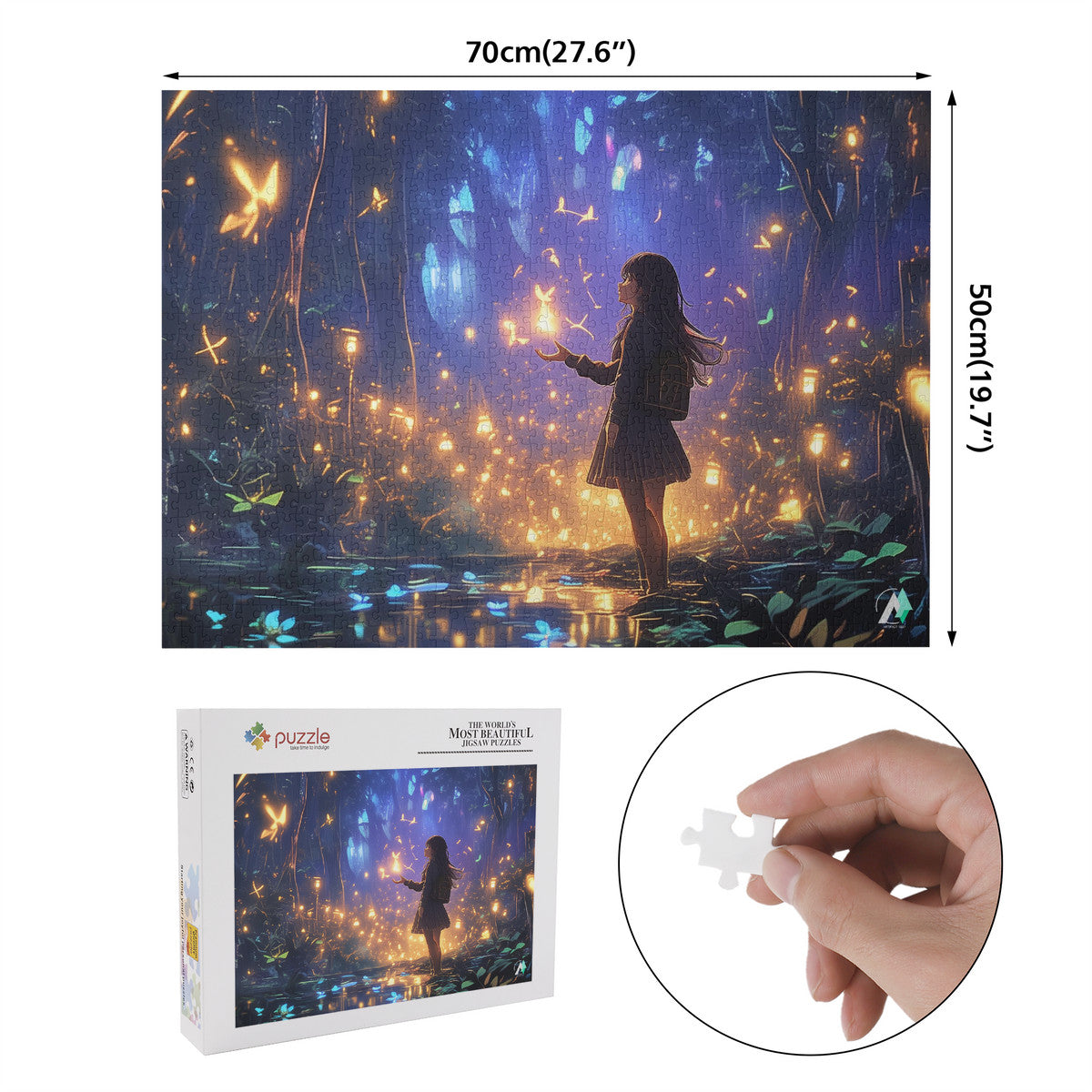 Girl in forest with butterflies, featured in Forest of Magic IV Puzzle. Available in 500 and 1000 pieces, crafted from premium ivory cardboard.