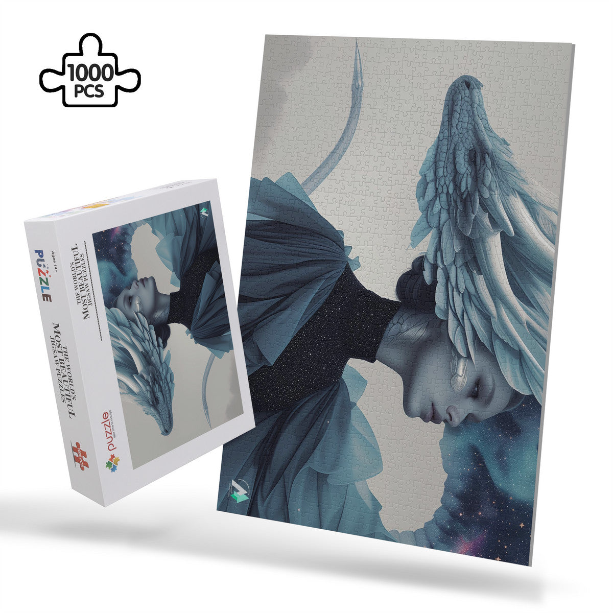 Wyvern Wyre III Puzzle features a woman with a dragon next to her head and wings, made of premium ivory cardboard, available in 500 and 1000 pieces.