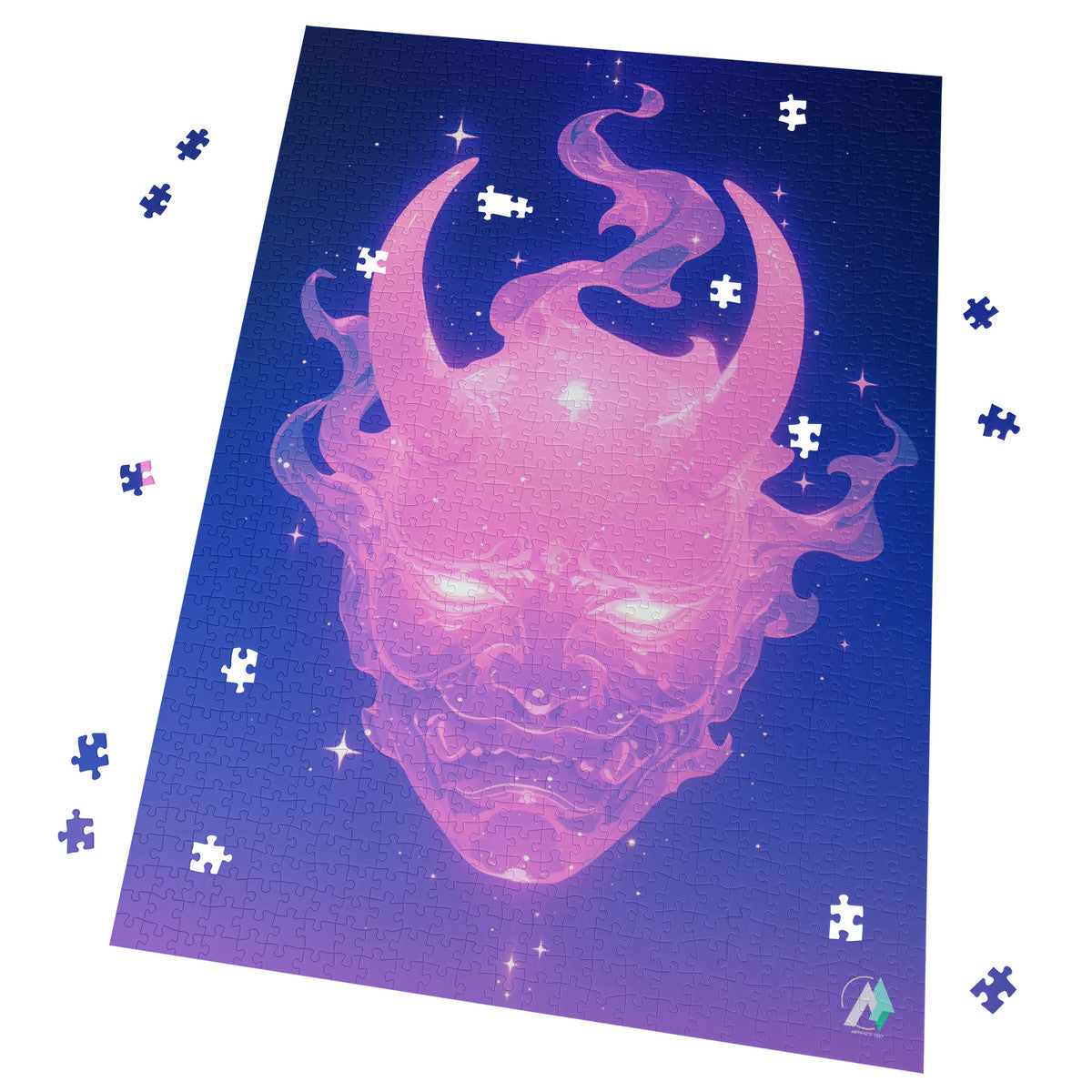 Oni Spirit Mask VI Puzzle, depicting a face with horns, available in 500 or 1000 pieces, crafted from premium ivory cardboard with a satin finish.