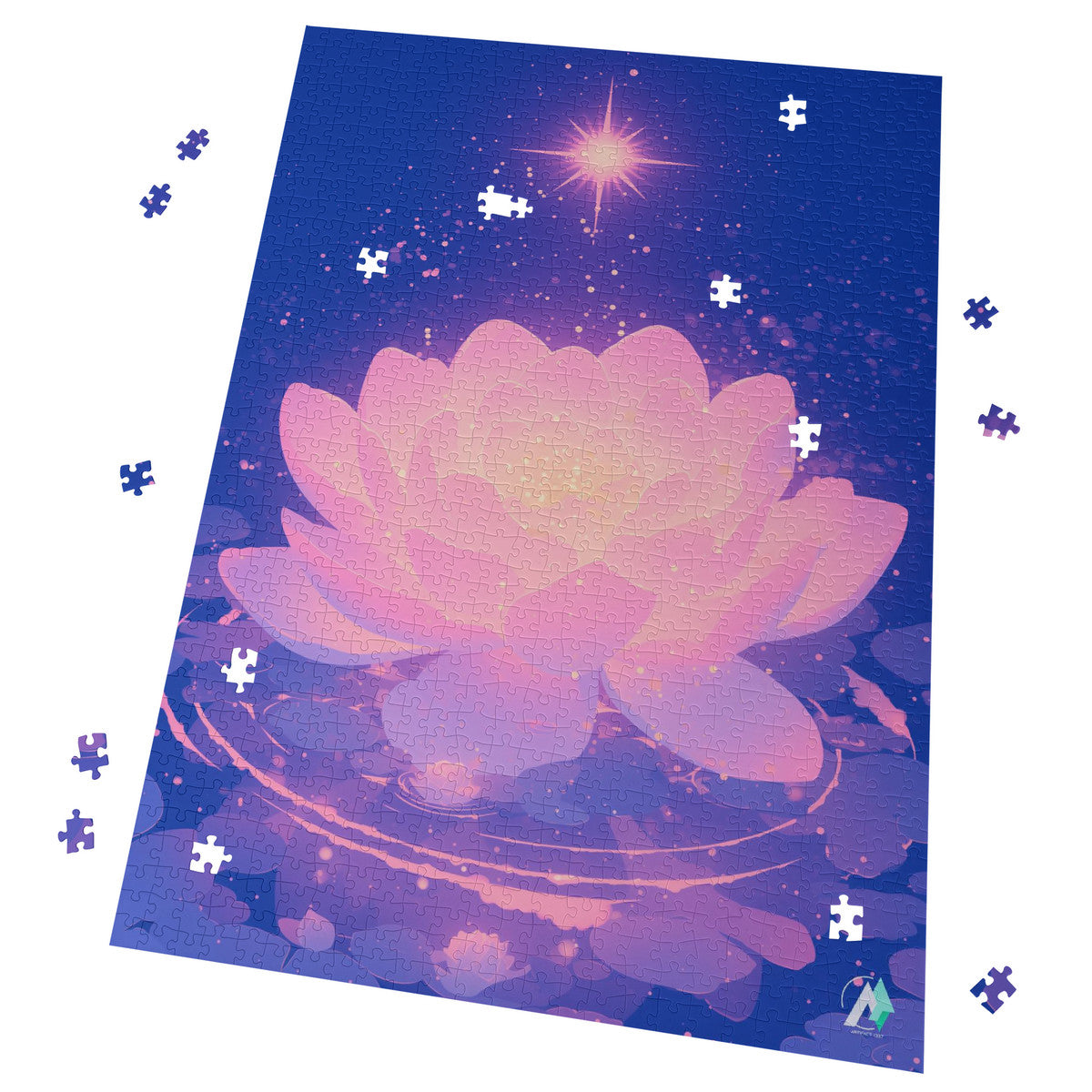 Celestial Bloom I Puzzle featuring a floral design floating on water, available in 500 and 1000 pieces, crafted from premium ivory cardboard with a satin finish.