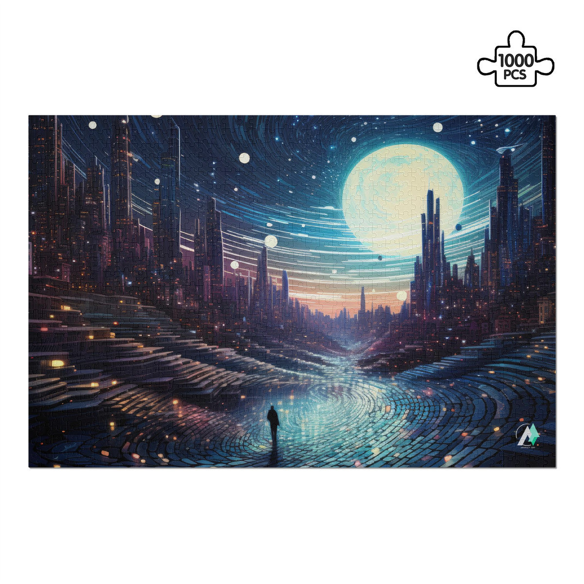 Future Urbanscape I Puzzle featuring a future cityscape with a man walking on a street, available in 500 and 1000 pieces, premium cardboard.