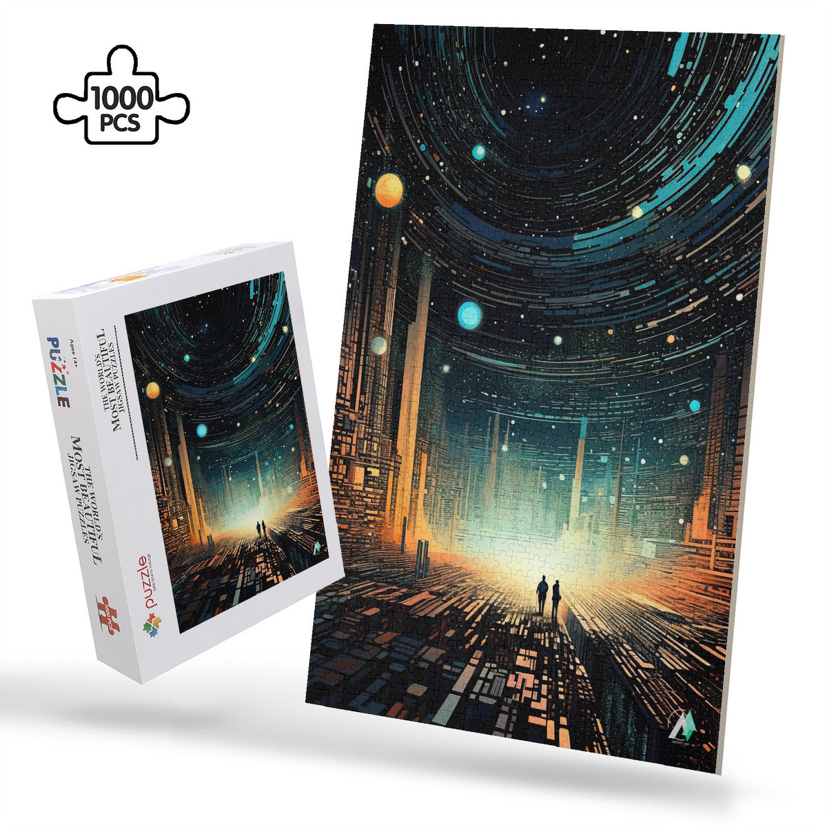 Future Urbanscape II Puzzle featuring two people on a futuristoc city street, available in 500 or 1000 pieces, crafted from premium ivory cardboard.