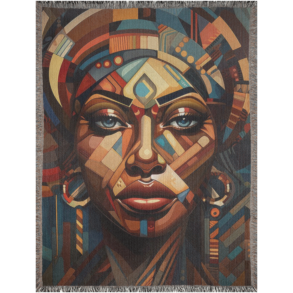 Cubist Beauty I Woven Blanket featuring a woman's face in a colorful tapestry, made from 100% cotton, perfect for home décor or gifting.