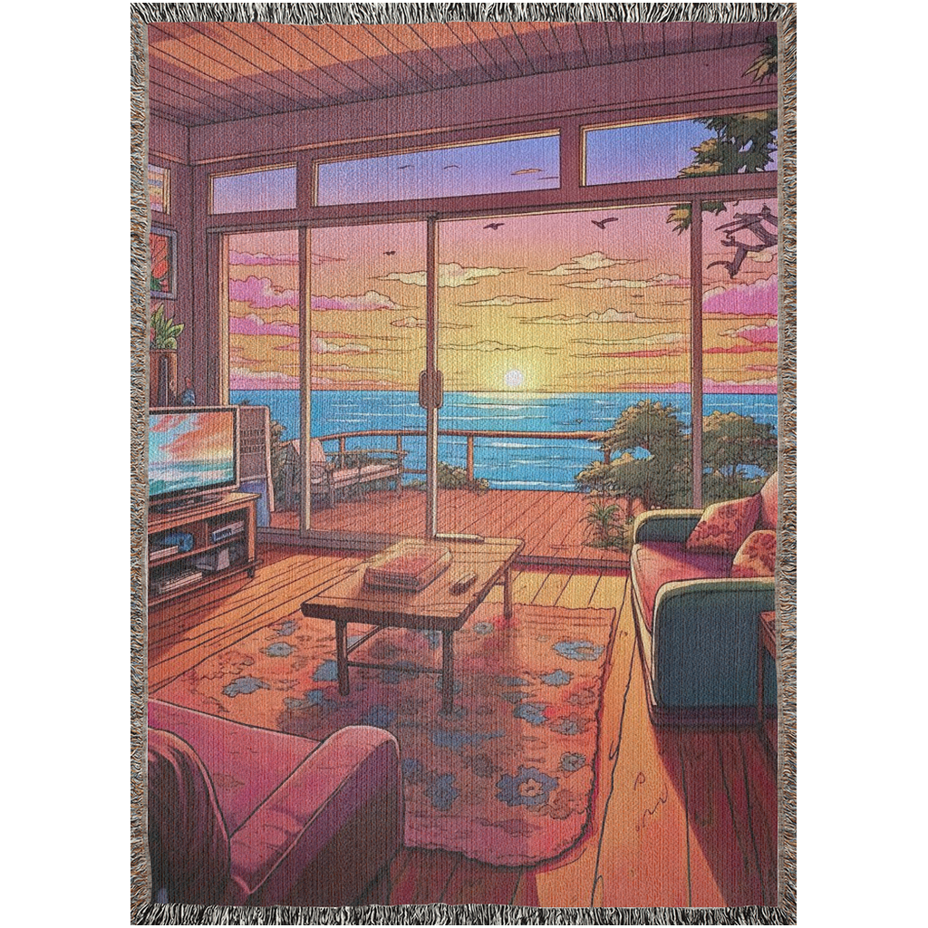Netflix & Chill Woven Blanket displayed in a room with ocean view, draped over a couch. Perfect for adding luxury to home décor.